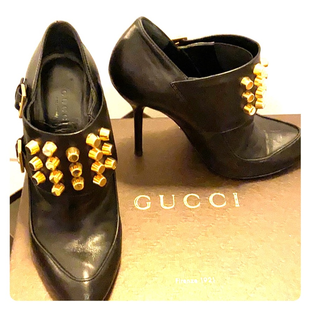 Gucci Black Leather Gold Studded Ankle Booties